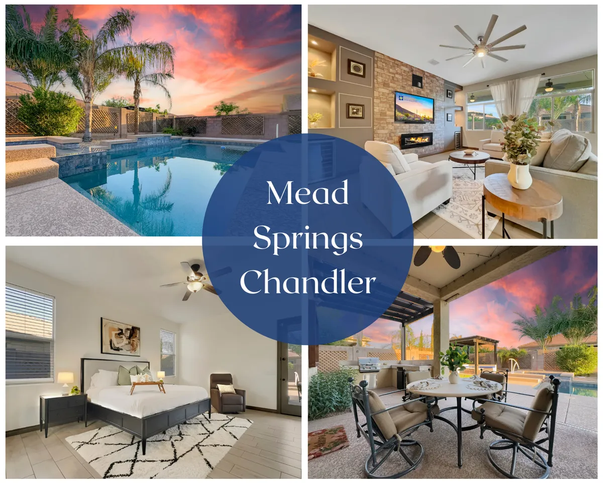 The hero image showcases a sparkling heated swimming pool surrounded by comfortable loungers and lush landscaping, with an inviting view into a modern living room featuring a cozy fireplace. An outdoor dining area is set up for alfresco meals, and the bedroom with a large bed promises restful nights, all bathed in warm Arizona sunset light.